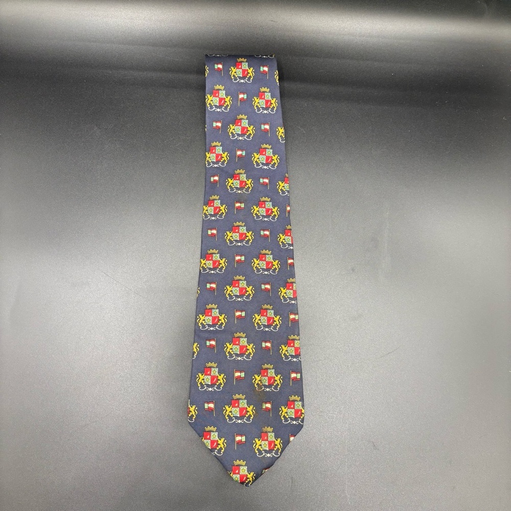 Tommy Hilfiger Men‎ Neck Tie Silk Crest Star Print Blue Red Gold Crown Lion Flag